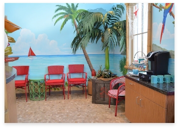 Waiting area with palm trees in Pleasanton pediatric dental office